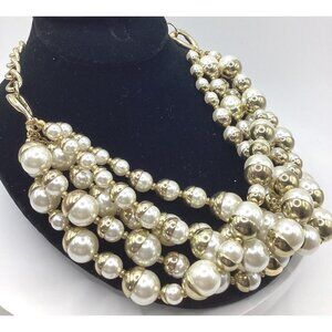 Macys Faux Pearl Gold Tone Bead 5 Strand Necklace-NOS